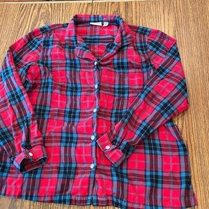 L.L. Bean Size L Red Blue Cotton Plaid Flannel Long Sleeve Button Pajama Top